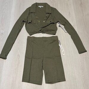 Women's Olive Green, Two Piece, Ribbed Set, Short and Long Sleeve